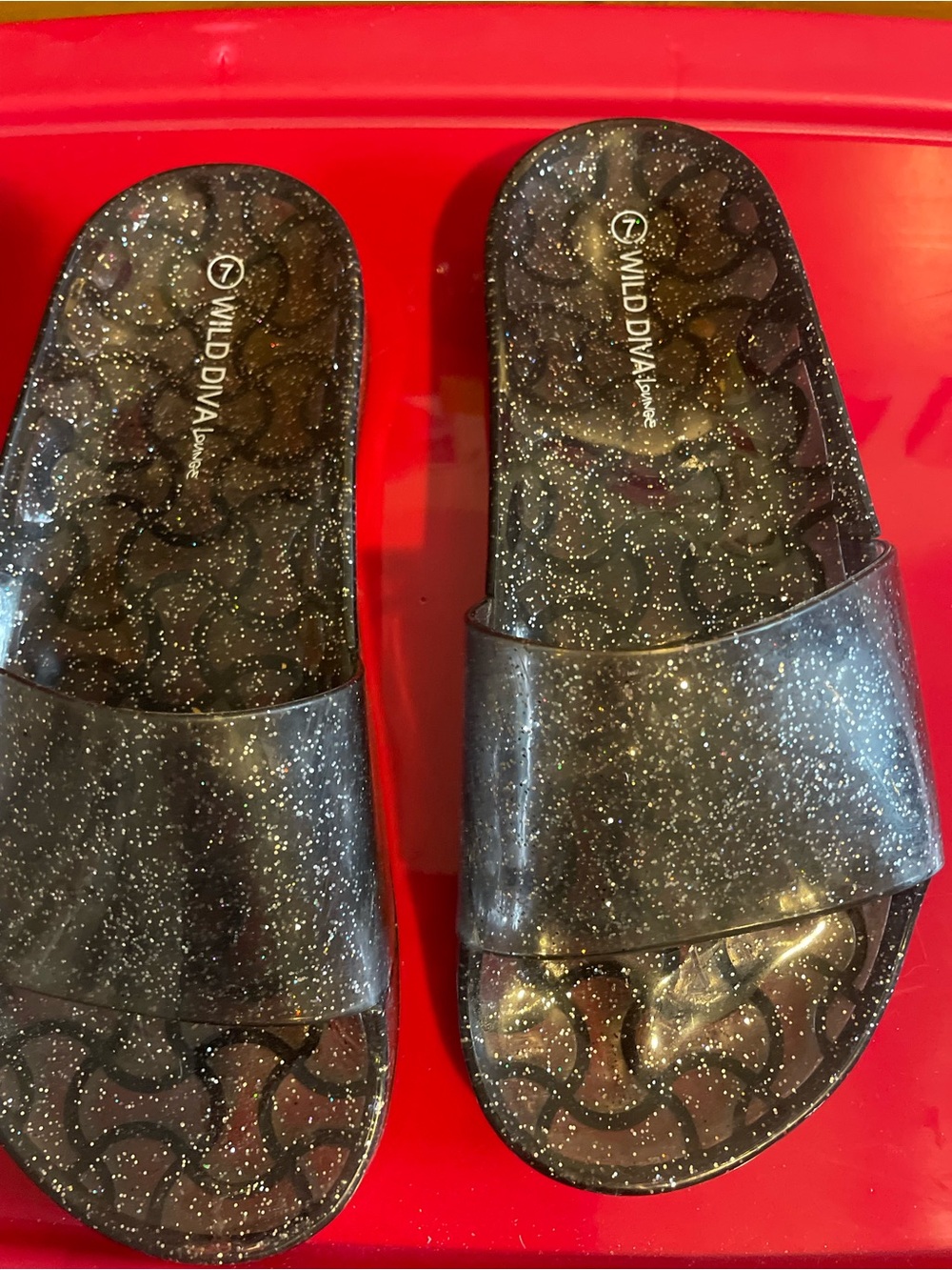 Wild Diva Black Glitter Slip-On Slides
